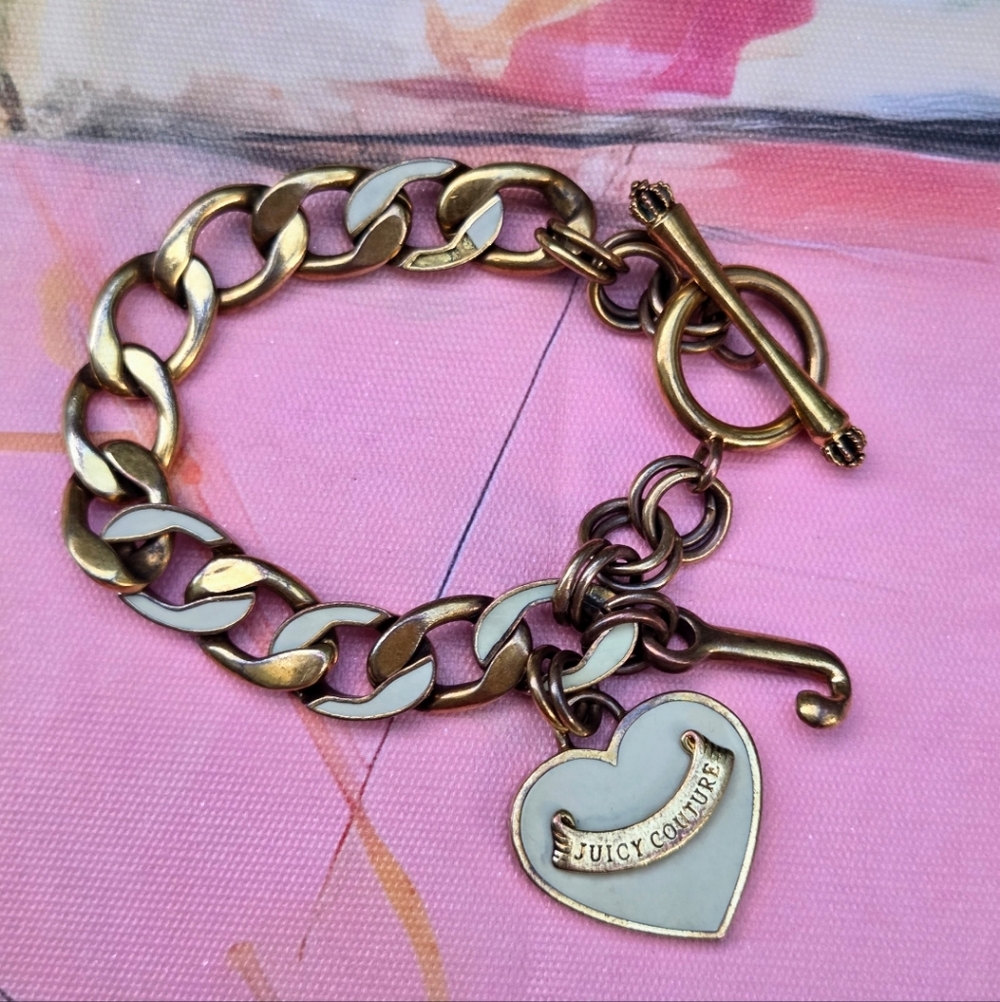 Juicy Couture Y2K Gold & White Enamel Puffy Heart Vintage Charm Bracelet
